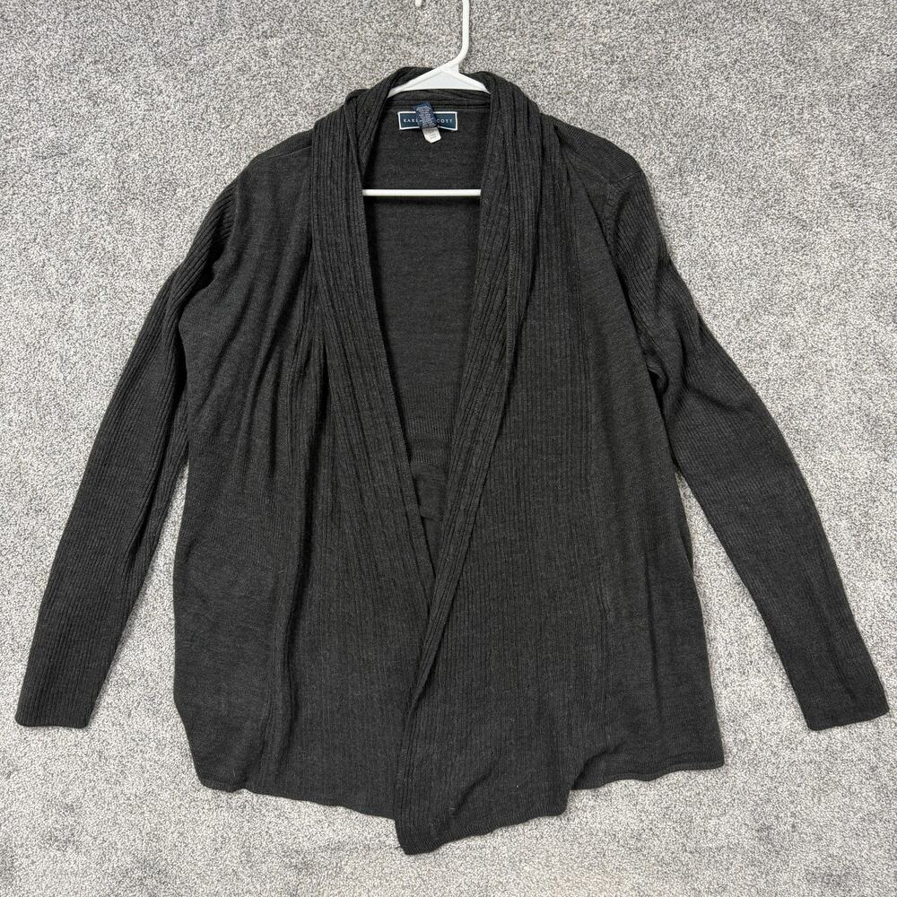 Karen Scott Cardigan Sweater Womens M Gray Open Front Dark Academia Layering